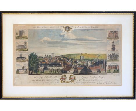 After John Russell (1745-1806), coloured engraving by James Mason, of the North West Prospect of Guildford, dated 1759, frame