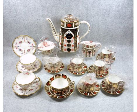 Royal Crown Derby bone china Old Imari Pattern coffee service comprising coffee pot, cream jug, sugar bowl, 6 coffee cans and