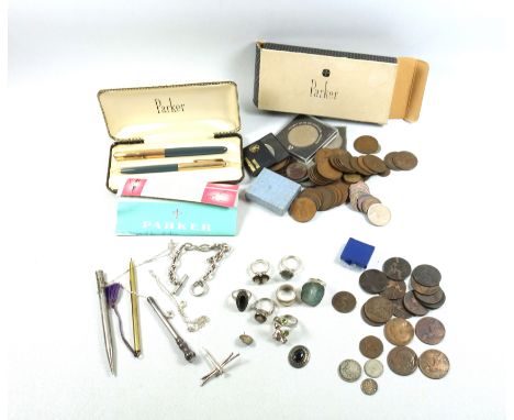 White metal "branch" ring set 6 pale green stones, marked "925"; 6 other white metal rings, dragonfly brooch, fob chain, 2 ot