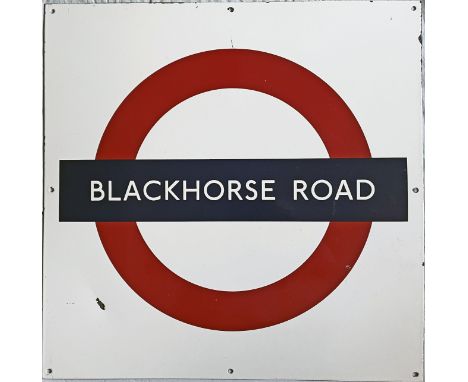 1960s London Underground enamel PLATFORM BULLSEYE SIGN from Blackhorse Road station on the Victoria Line. The sign is likely 