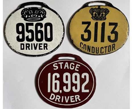 Trio of 19th-century London horsebus drivers' and conductors' LICENCE BADGES. Double-sided, enamel badges designed to be hung