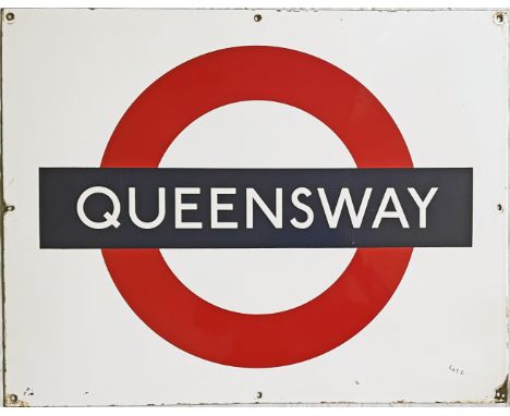 1950s/60s London Underground enamel PLATFORM BULLSEYE SIGN from Queensway on the Central Line. Measures 28" x 22" (71cm x 56c