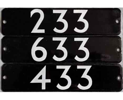 Full set of 3 London Underground 1973 Tube Stock enamel STOCKNUMBER PLATES from a 3-car unit: 233, 633 and 433, a unit being 