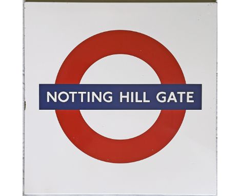 c1980s London Underground enamel PLATFORM ROUNDEL SIGN from Notting Hill Gate on the Central and Circle/District Lines. Signs