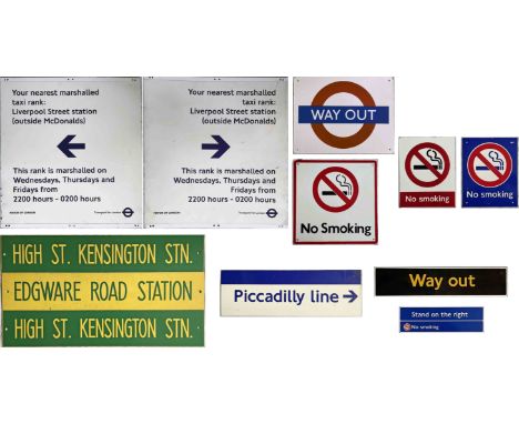 Selection (11) of London Underground SIGNS comprising taxi rank (double-sided), replacement bus services (3 double-sided, ide