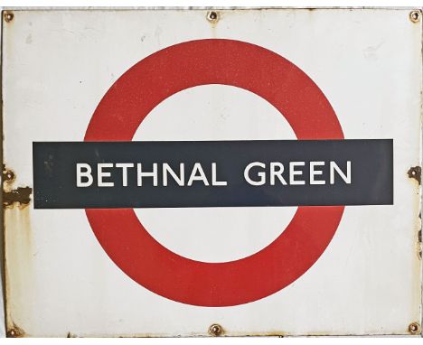 1950s/60s London Underground enamel PLATFORM BULLSEYE SIGN from Bethnal Green on the Central Line. Measures 28" x 22" (71cm x