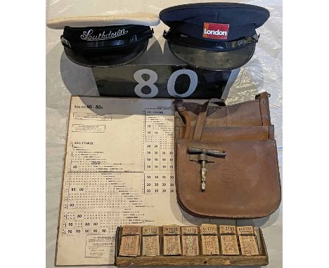 Box containing 6 mainly London Transport bus items and comprising bus drivers' CAP (medium size) with London General badge, c