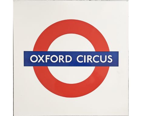 c1980s London Underground enamel PLATFORM ROUNDEL SIGN from Oxford Street on the Bakerloo, Central and Victoria Lines. Measur