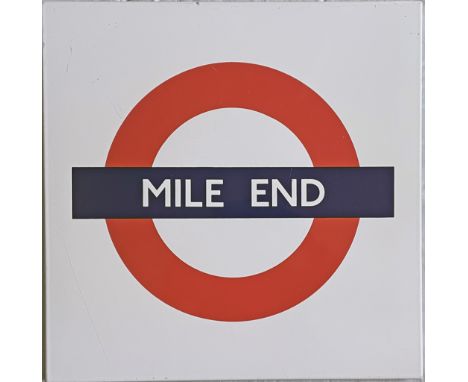 c1980s London Underground enamel PLATFORM ROUNDEL SIGN from Mile End on the Central, District and Hammersmith & City Lines. A