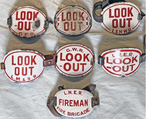Selection (7) of pre-Grouping and Grouping eras ENAMEL ARMBAND BADGES comprising Look-Out badges for GER, GWR, LM&SR, LNER, L