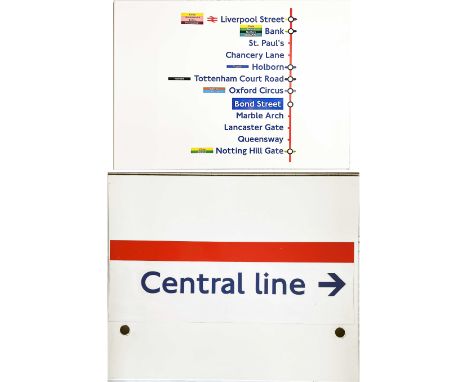 Pair of London Underground flanged, enamel signs, both from the Central Line. The first is a line diagram from Liverpool Stre