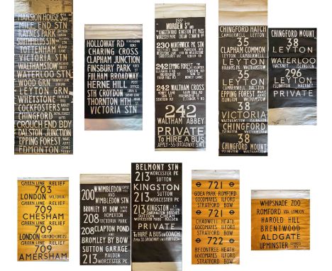 Selection (8) of old-style London Transport DESTINATION BLINDS comprising a section of a 1930s ultimate display for LT, STL (