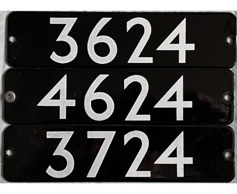Full set of 3 London Underground 1983 Tube Stock enamel STOCKNUMBER PLATES from a 3-car unit of the first batch: 3624, 4624 a