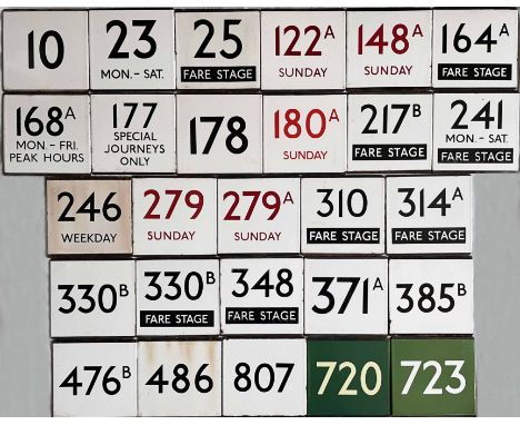 Large quantity (27) of London Transport bus & coach stop enamel E-PLATES from across the network and with route numbers betwe