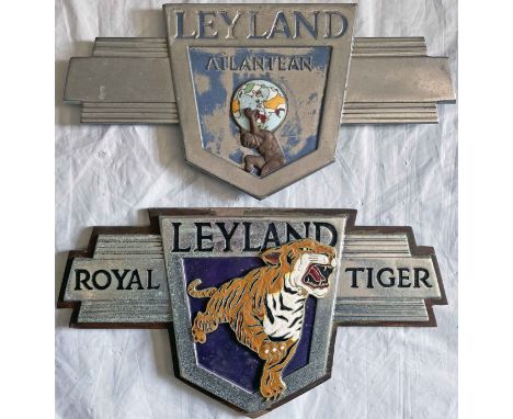 Pair of alloy & enamel Leyland VEHICLE BADGES from an Atlantean and a Royal Tiger respectively. They measure approx 15" x 7.5