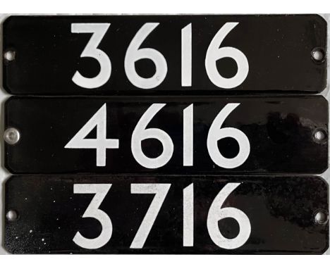 Full set of 3 London Underground 1983 Tube Stock enamel STOCKNUMBER PLATES from a 3-car unit of the first batch: 3616, 4616 a