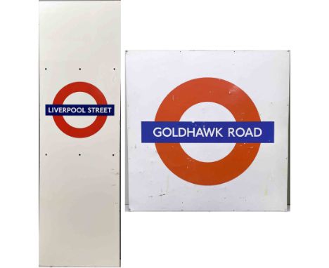 Pair of London Underground PLATFORM SIGNS comprising an enamel panel from Liverpool Street measuring 60cm x 193cm (23.5" x 76