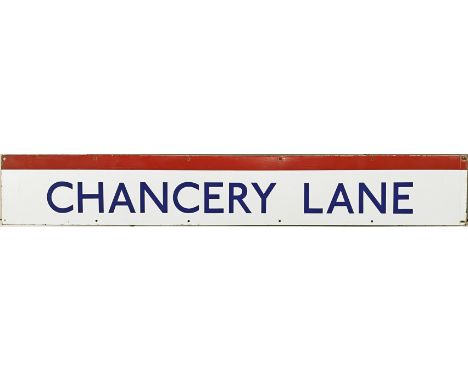 c.1980s London Underground enamel PLATFORM FRIEZE PANEL from Chancery Lane station on the Central Line. Measures 154cm x 23cm