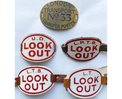 Selection (5) of RAILWAY ARMBANDS, firstly a brass London Transport Transfer Porter No 33. Never seen at auction before, the 
