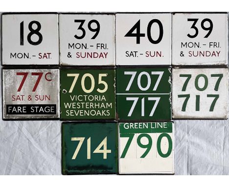 Selection (10) of London Transport bus and coach stop enamel E-PLATES for a variety of bus and Green Line routes. In ex-stop 