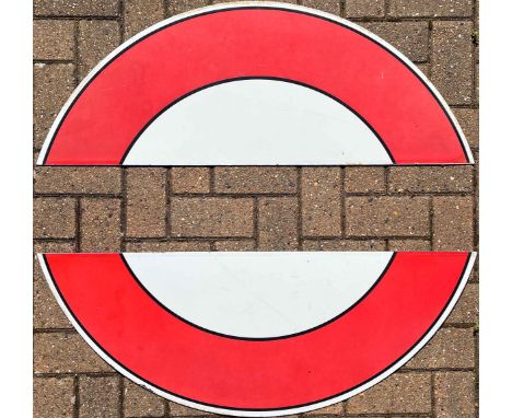 A pair of 1930s/40s London Underground enamel 'HALF-MOONS' from a platform bullseye sign. They have the pre-WW2 black lining 