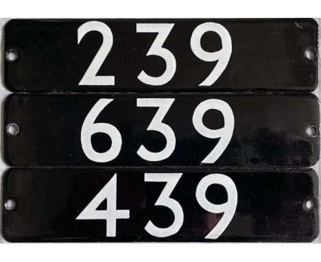 Full set of 3 London Underground 1973 Tube Stock enamel STOCKNUMBER PLATES from a 3-car unit: 239, 639 and 439, a unit being 
