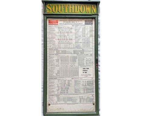 c1930s Southdown Motor Services glazed, wooden TIMETABLE DISPLAY CASE with enamel HEADER PLATE in the early style of letterin