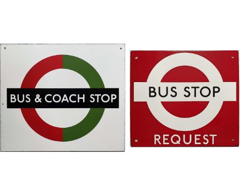 Pair of 1950s/60s London Transport enamel BUS STOP SIGNS, the first a bus & coach compulsory, the second a bus request. Singl