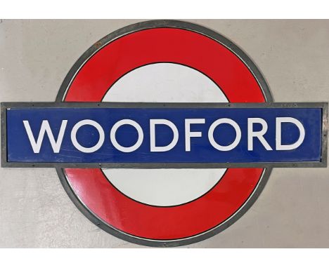 London Underground platform enamel BULLSEYE SIGN with original brass frame from Woodford, the former GER/LNER station that tr