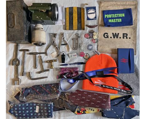 Box of c50 assorted rail items including controller & budget keys, whistle, ticket-clippers, ties, beanie hats, lanyards, Pro