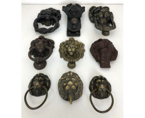 A cast iron door knocker, in the form of a lion's head, other door knockers and furniture handles (qty) 