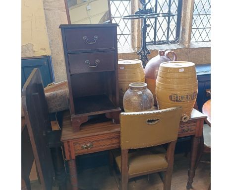A cast iron stick stand, 75 cm high, a mirror, a bedside chest, a chair, and assorted stoneware (qty) 