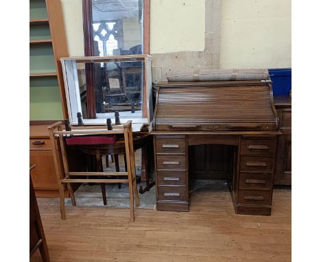 An oak tambour fronted desk, a bentwood stick stand, assorted other furniture (qty) 