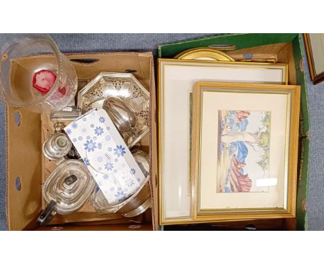 Assorted silver plate, and assorted prints (2 boxes) 