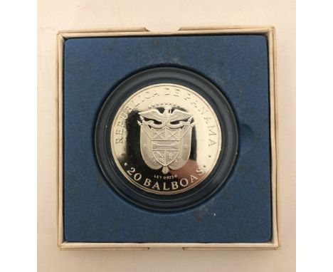 A silver 20 Balboas coin, 1974, cased, with certificate 