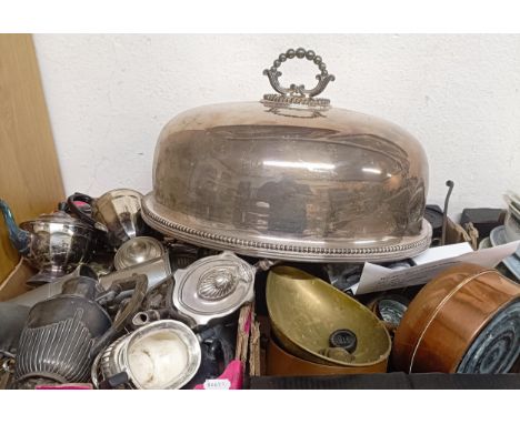 A silver plated oval meat cover, with a ring handle, 57 cm wide, and assorted metalwares (2 boxes) 