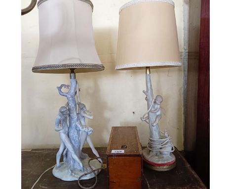 A Lladro style lamp, in the form of two dancers, 40 cm high, and another, and assorted magic lantern slides 