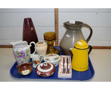 Mixed Lot: Various assorted glass wares, enamel hot water jug, assorted trinket boxes and other items