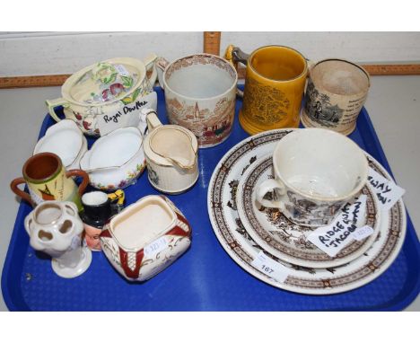 Tray of mixed wares to include 19th Century transfer printed mugs, a Royal Doulton Kirkwood sugar basin and other items, Ridg