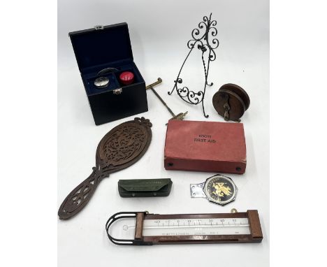 A collection of various items including a travelling communion set, Negretti & Zambra linear thermometer, Wessex Cave Club ca