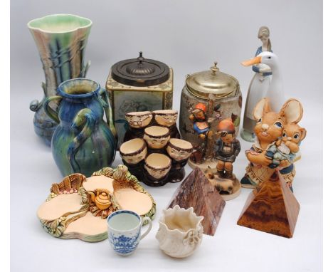 A quantity of various ceramics, including a Carlton's Fantasia Ware biscuit barrel, a three-handled studio pottery jug (possi