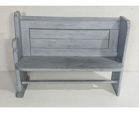 A vintage grey painted church pew - Height 96cm, width 125cm, depth 46cm