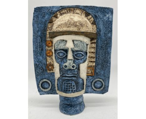 A 1970's Troika double sided Aztec face mask moulded in high relief by M Murell, height 25cm