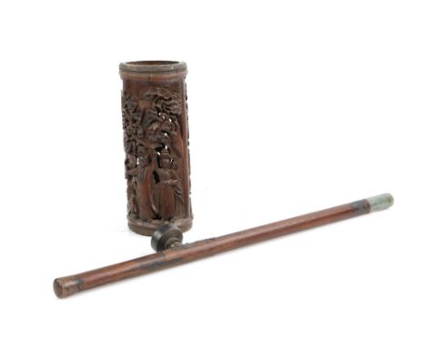 A Chinese bamboo bitong, or other vessel, of typical cylindrical form decorated with a reticulated design of three figures, 2