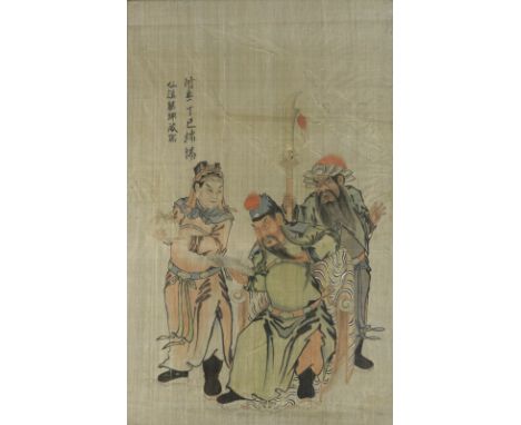 A Chinese textile picture of 'The Three Heroes of Han' (Liu Bei, Guan Yu and Zhang Fei) beside a two-line inscription, framed