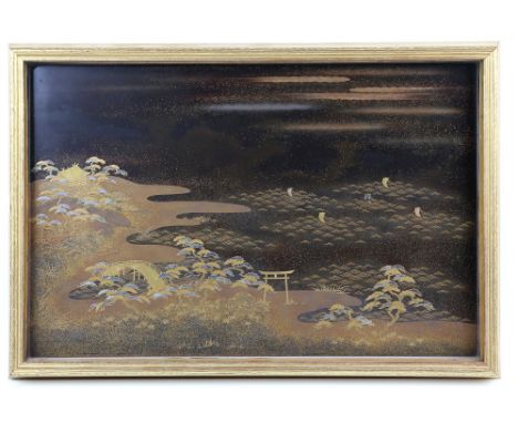 A Japanese maki-e box lid of rectangular form, decorated in a variety of techniques, including hiramaki-e, takamaki-e and oki
