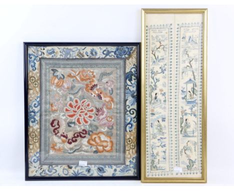 Six various Chinese textiles; together with three Chinese pictures; all framed and glazed (9). Please note that this is a gro