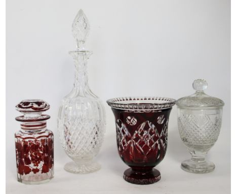 A 19th century glass decanter and stopper, 36cm high, a ruby flashed pedestal vase with clear cut decoration 16cm high, a cle