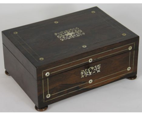 A William IV mother of pearl inlaid rosewood work box, with internal compartmented tray, on bun feet, 11 x 25 x 18cm