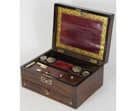 A William IV mother of pearl inlaid rosewood work box, with Morocco leather lined interior and base drawer, 14 x 28 x 21.5cm